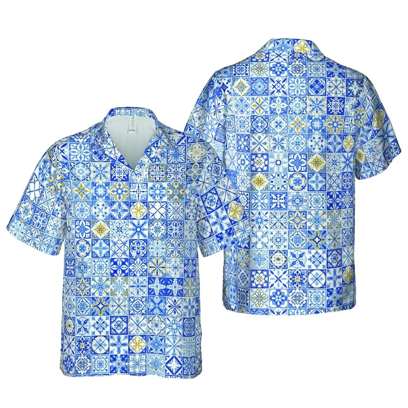 White Blue Golden Hawaiian Tile Geometric Floral Quatrefoil Cross Pattern Short-sleeve Hawaiian Shirt - 1