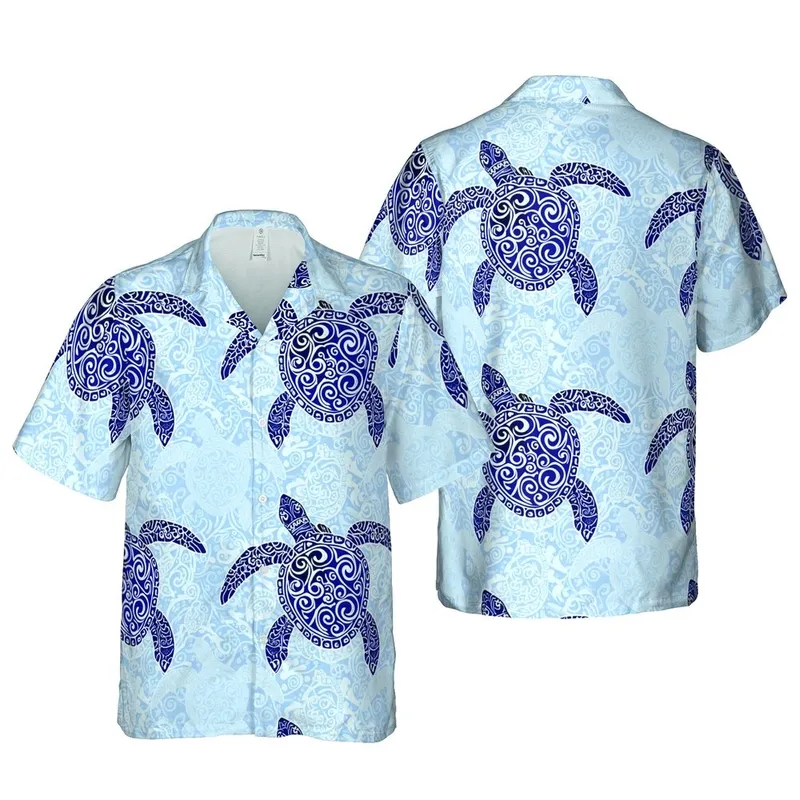 Textile Hawaiian Sea Turtle Tribal Sky Blue Dark Blue Black White Seamless Pattern Short-sleeve Hawaiian Shirt - 1