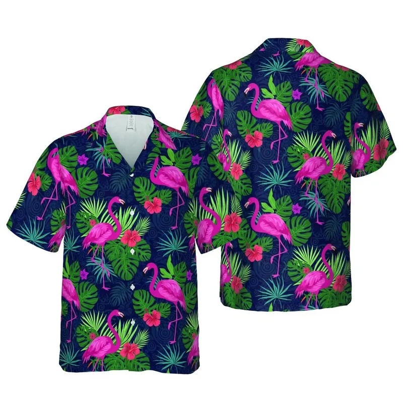 Fuchsia Pink Flamingoes Navy Botanical Layered 8K High Contrast Textile Print Short-sleeve Hawaiian Shirt - 1