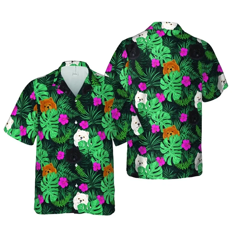 Fluffy Chow Dogs Hawaiian Botanical Pattern - Teal Green Leaves, Pink Hibiscus, Fern Design Short-sleeve Hawaiian Shirt - 1