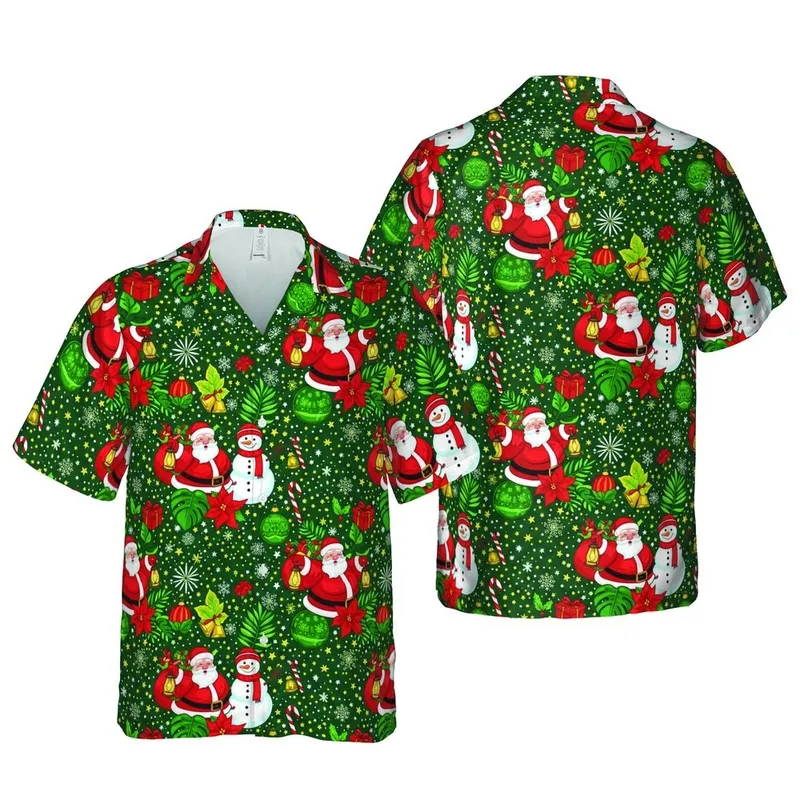 Hawaiian Pattern: Santa Claus Snowmen Gifts Baubles Holly Stars Forest Green Seamless Short-sleeve Hawaiian Shirt - 1