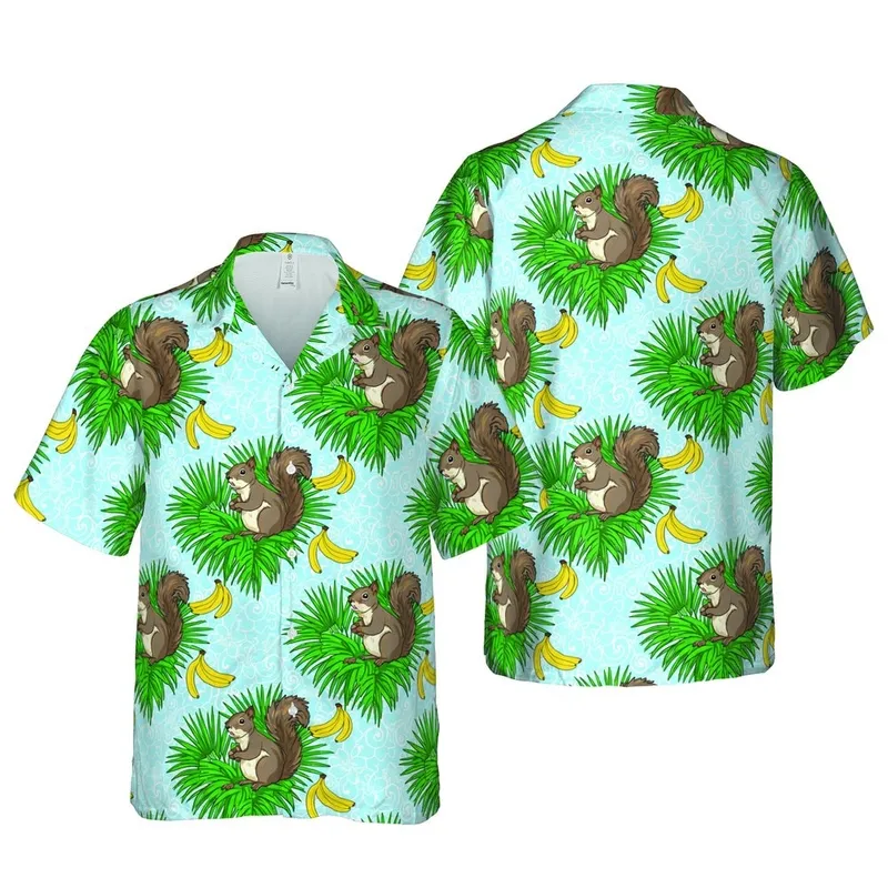 Realistic Grey Squirrels Hawaiian Pattern Palm Bananas Sky Blue 8K Design Short-sleeve Hawaiian Shirt - 1