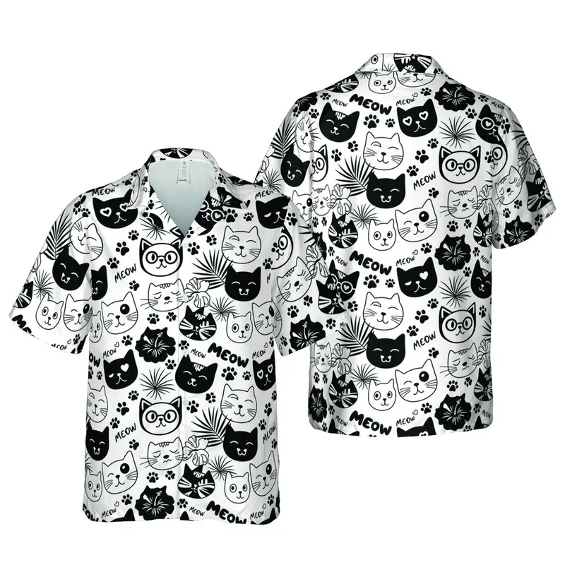 Cat Lover Black White Doodle Cat Faces Paw Prints MEOW Text Seamless Fabric Pattern Short-sleeve Hawaiian Shirt - 1
