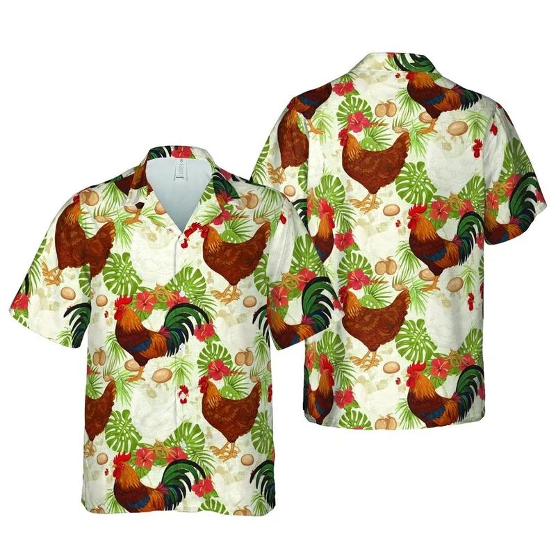 Rooster Hen Fowl Scene: Hawaiian Tropical Chickens, Eggs, Mottled Beige Ground Short-sleeve Hawaiian Shirt - 1