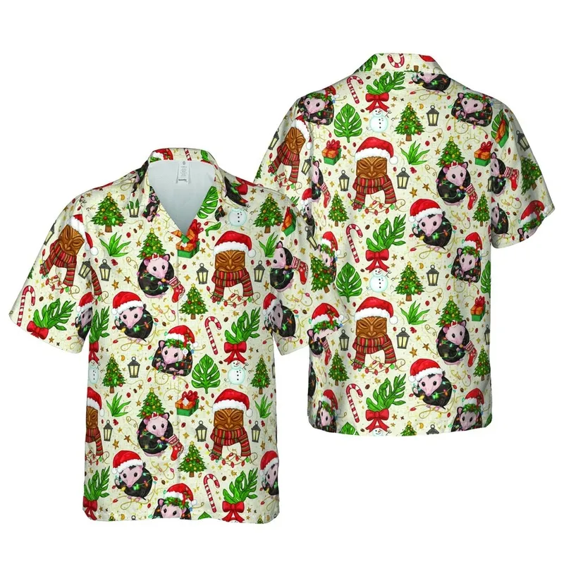 Opossum Tiki Hawaiian Christmas: Santa Hats, Reindeer Antlers, Gold Canvas Short-sleeve Hawaiian Shirt - 1