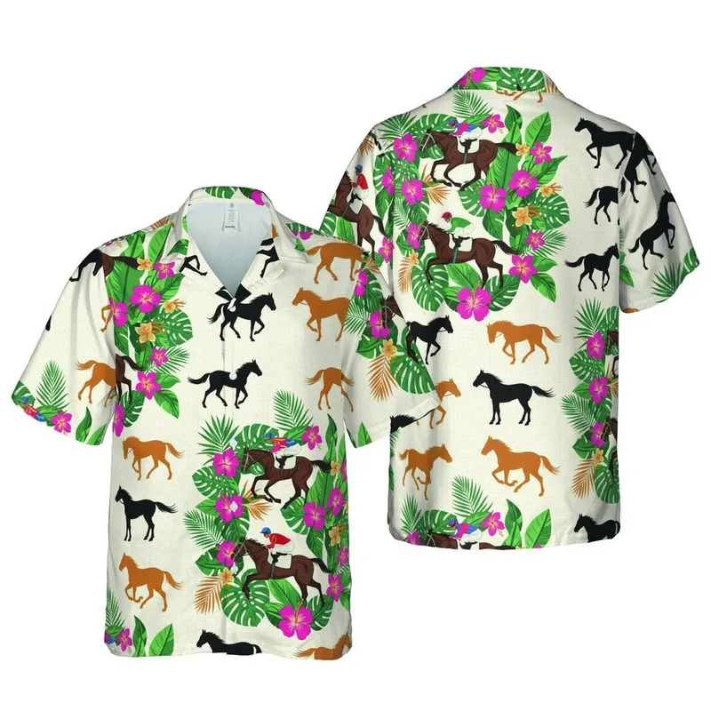 Thoroughbred Racehorse Jockeys: Colorful Hawaiian Galloping Horse & Tropical Botanicals Short-sleeve Hawaiian Shirt - 1