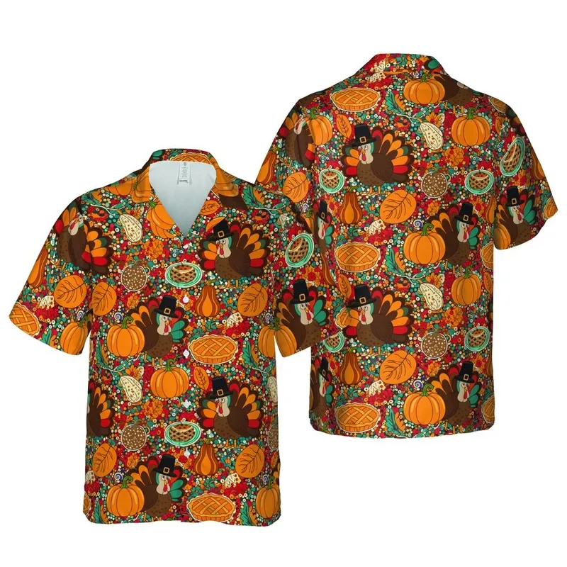 Hawaiian Turkey Pilgrim Hat Pumpkin Pie Gourds Berries Leaf Dot Tropical Pattern Short-sleeve Hawaiian Shirt - 1