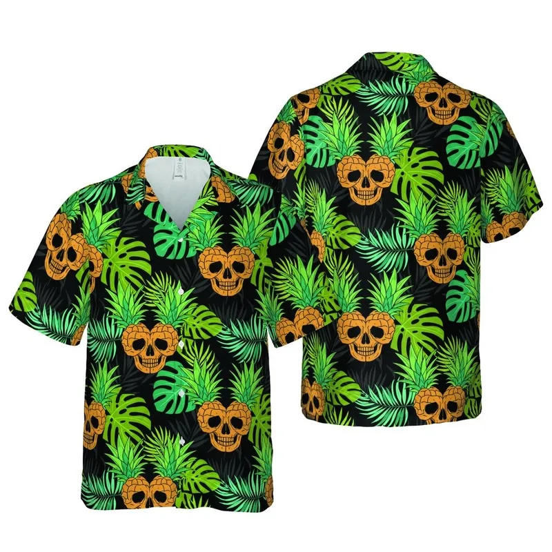 Golden Pineapple Skull & Green Fronds: Palmetto Monstera Leaves, Dark Black Background Short-sleeve Hawaiian Shirt - 1