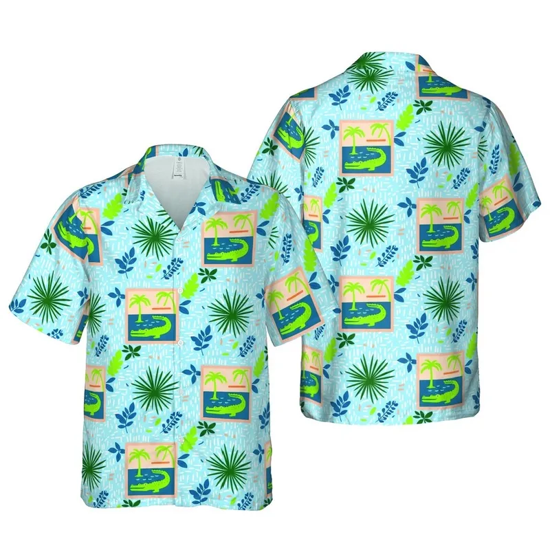 Green Alligator Hawaiian Design: Teal Pools, Peach Frame, Palm Fronds, Geometric Details Short-sleeve Hawaiian Shirt - 1
