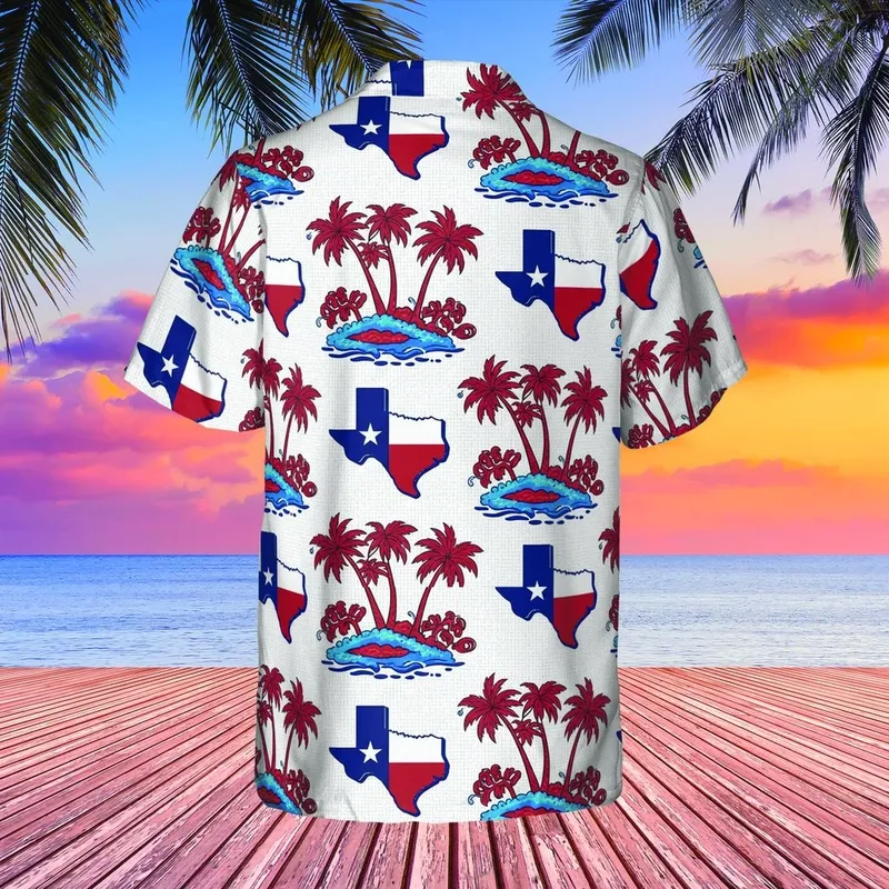 Texas Islander Hawaiian Pattern: Red Palm Trees & Flag Outlines, White ...