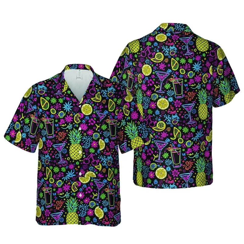 Hawaiian Neon Cocktail Pattern: Pineapple, Cherry, Citrus Slices, Starburst Sublimation Design Short-sleeve Hawaiian Shirt - 1
