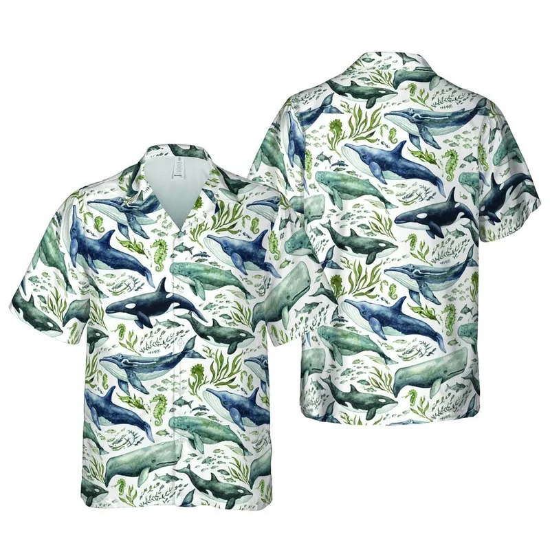 Hawaiian Whale Pattern: Humpback Sperm Killer Whales Soft Watercolor Marine Fabric Print Short-sleeve Hawaiian Shirt - 1