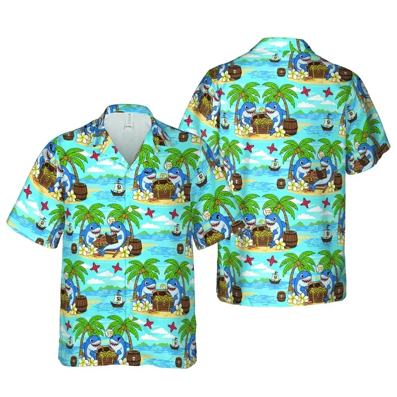 Pirate Shark Hawaiian Pattern: Tropical Ocean, Palm Trees, Plumeria, Galleons Short-sleeve Hawaiian Shirt - 1