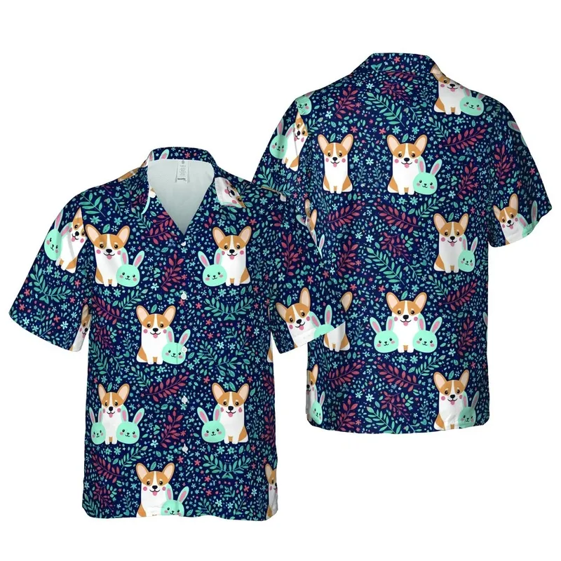 Cute Fawn Corgi Dog Hawaiian Tropical Bunny Ears Star Flower Navy Blue Motif Short-sleeve Hawaiian Shirt - 1