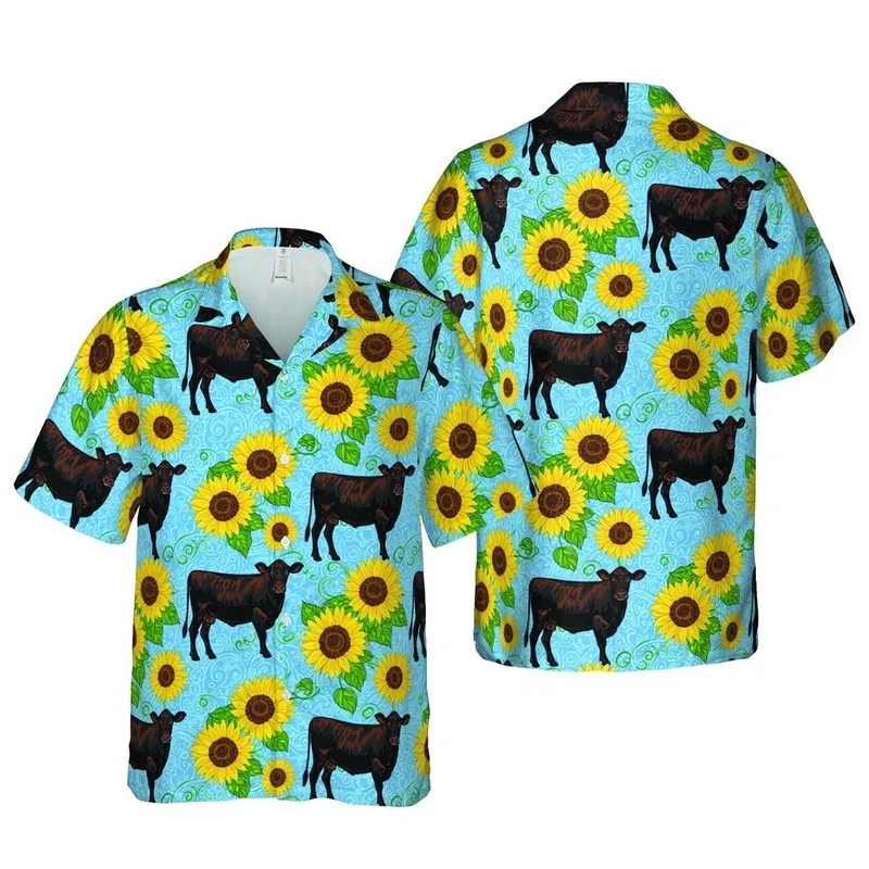 Rancher's Hawaiian Design: Vibrant Angus Cattle, Sunflower & Blue Sky Tropical Pattern Short-sleeve Hawaiian Shirt - 1