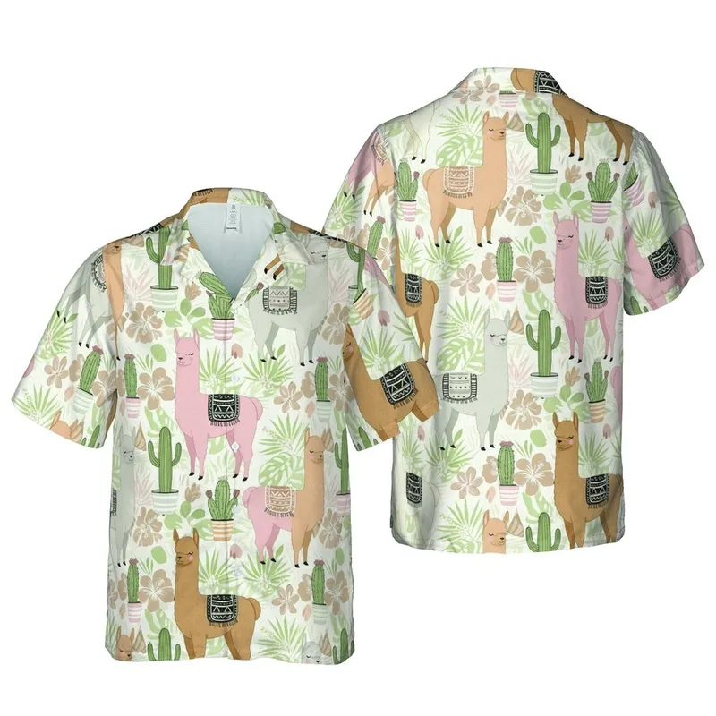 Llama Alpaca Hawaiian Potted Cacti Print: Off-White Tan Fur, Geometric Blankets Short-sleeve Hawaiian Shirt - 1
