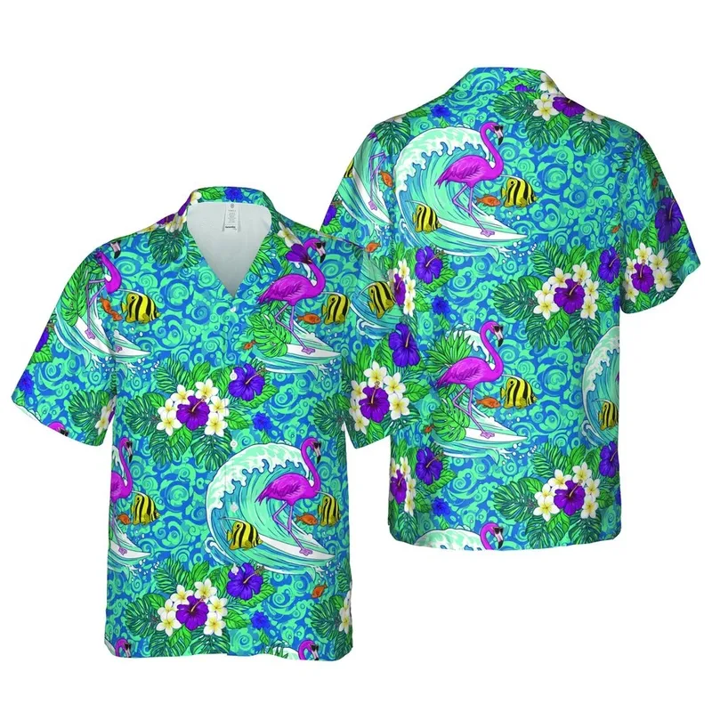Vibrant Tropical Ocean Adventure: Surfing Flamingo Angelfish Plumeria Hibiscus Foliage Print Short-sleeve Hawaiian Shirt - 1
