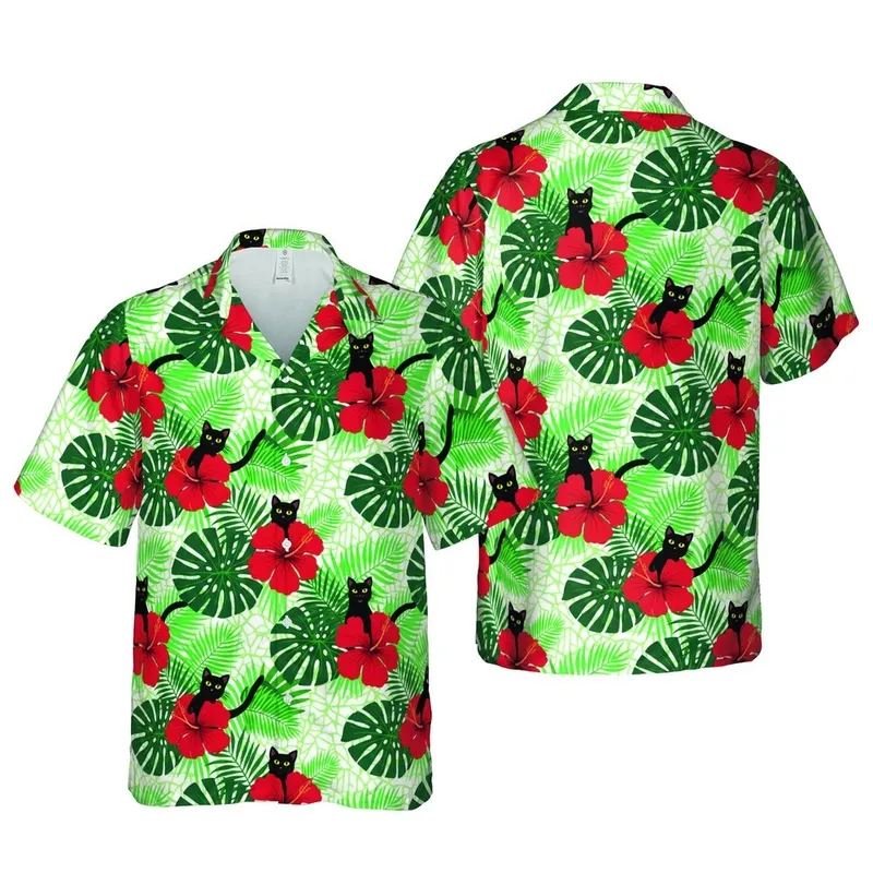 Cat Lover's Black Cats Red Hibiscus Emerald Palm Frond Hawaiian Seamless Textile Print Short-sleeve Hawaiian Shirt - 1