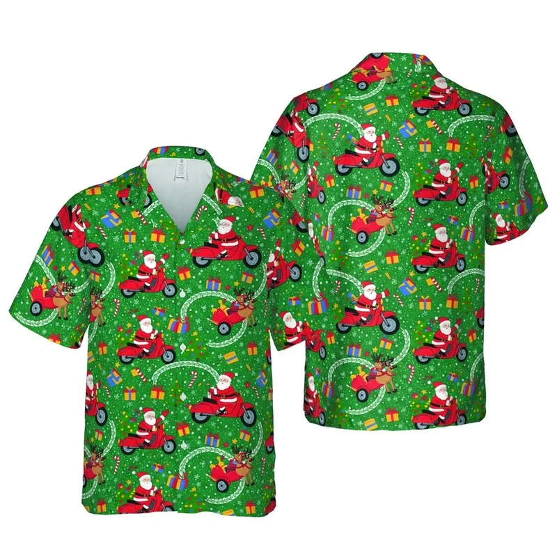 Hawaiian Santa Motorcycle Pattern: Reindeer, Gifts, Snow Tracks, Emerald Green Design Short-sleeve Hawaiian Shirt - 1