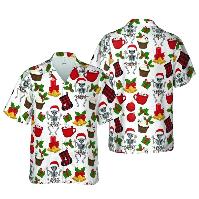 Dancing Skeletons Santa Hats Tropical Christmas Tile: Cupcakes, Holly, Ornaments Print Short-sleeve Hawaiian Shirt - 1