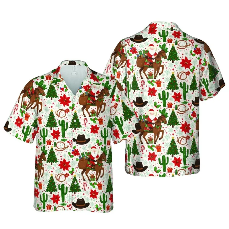 Santa Cowboy Horse Christmas Hawaiian Saguaro Cactus Poinsettia Holly Print Short-sleeve Hawaiian Shirt - 1