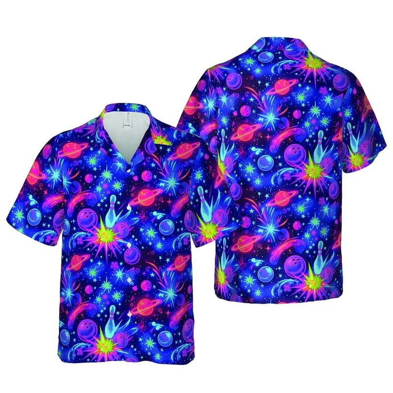 Electric Neon Bowling Pins & Celestial Orbs Hawaiian Cosmic Nebula Stellar Trails Short-sleeve Hawaiian Shirt - 1