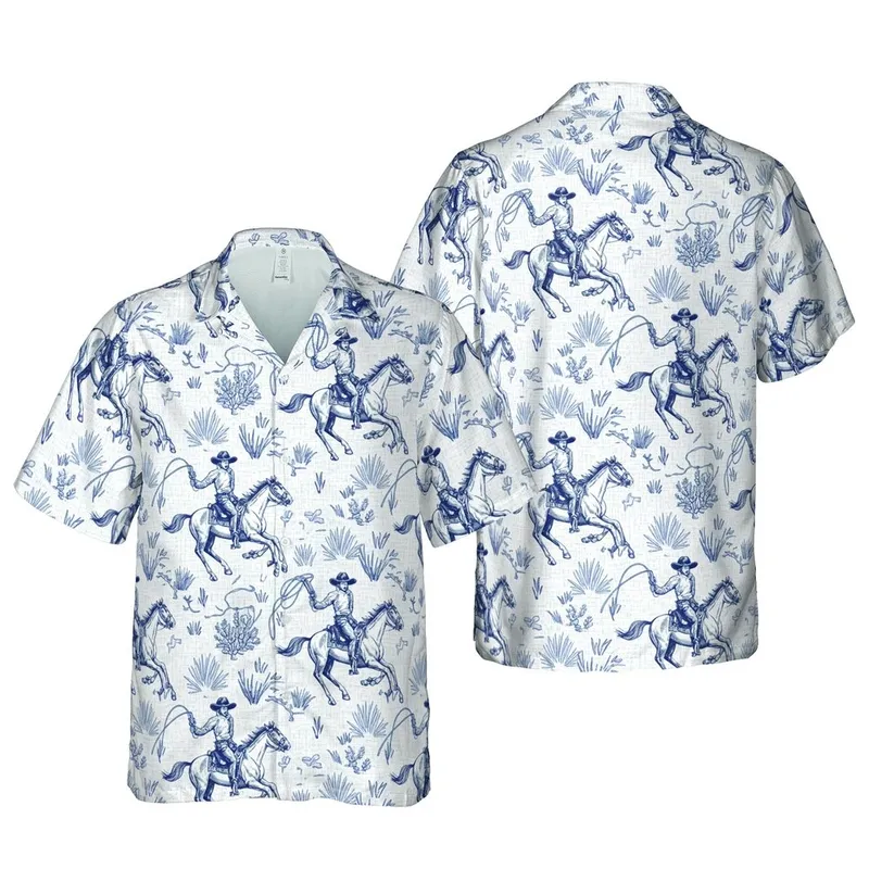 Western Riders Galloping Cowboy Horse Lasso Hawaiian Desert Flora White Blue Slate Short-sleeve Hawaiian Shirt - 1