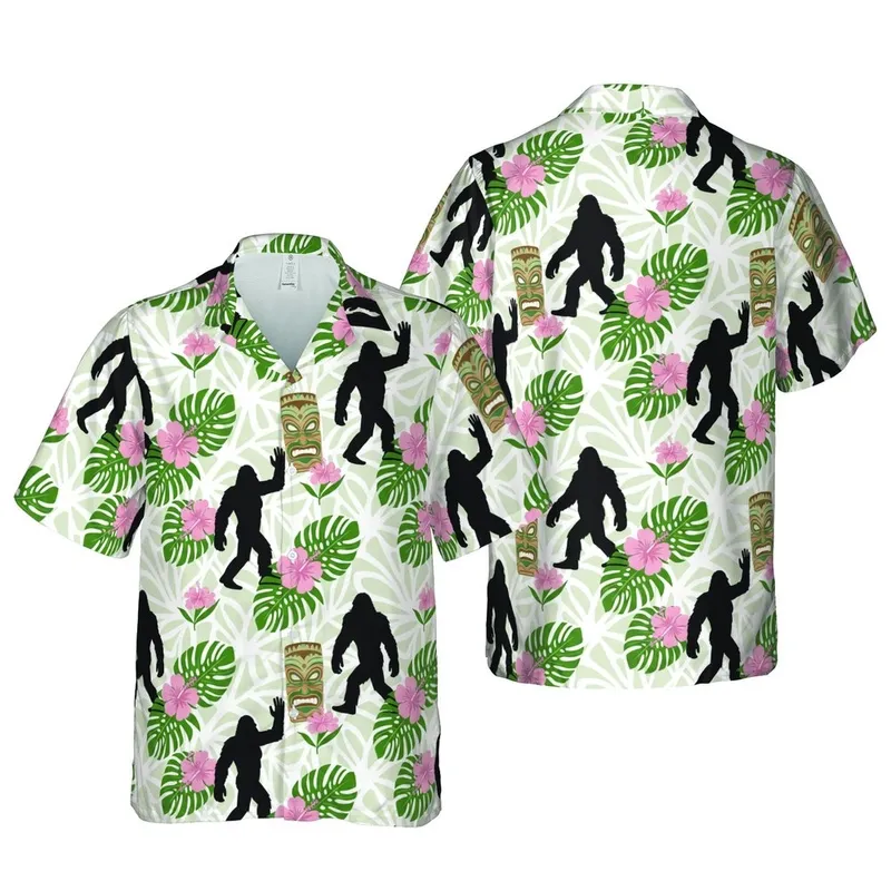 Bigfoot Sasquatch Hawaiian Tiki: Palm Frond Hibiscus White Mosaic Pattern Short-sleeve Hawaiian Shirt - 1