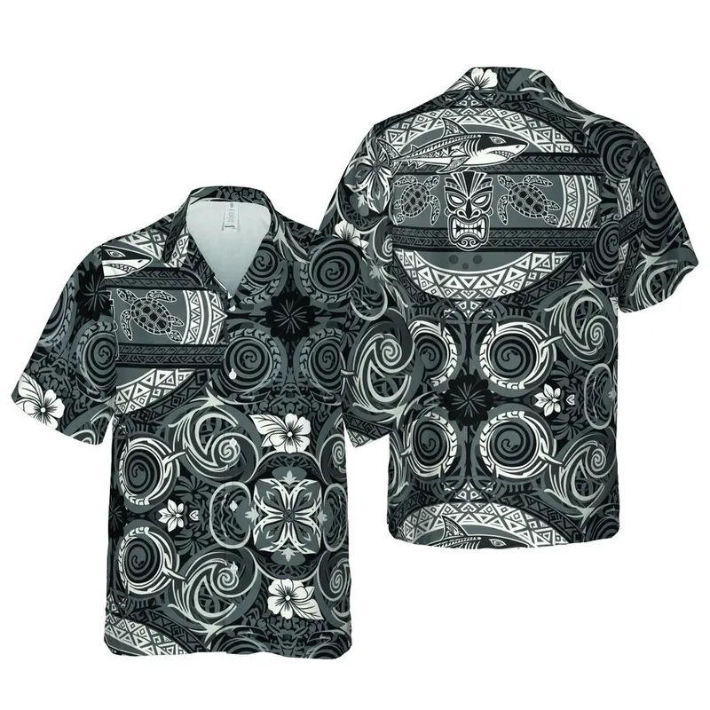 Polynesian Tribal Shark Sea Turtle Tiki Mask Fabric Art, Geometric Swirls Mosaic Print Black White Grey Short-sleeve Hawaiian Shirt - 1