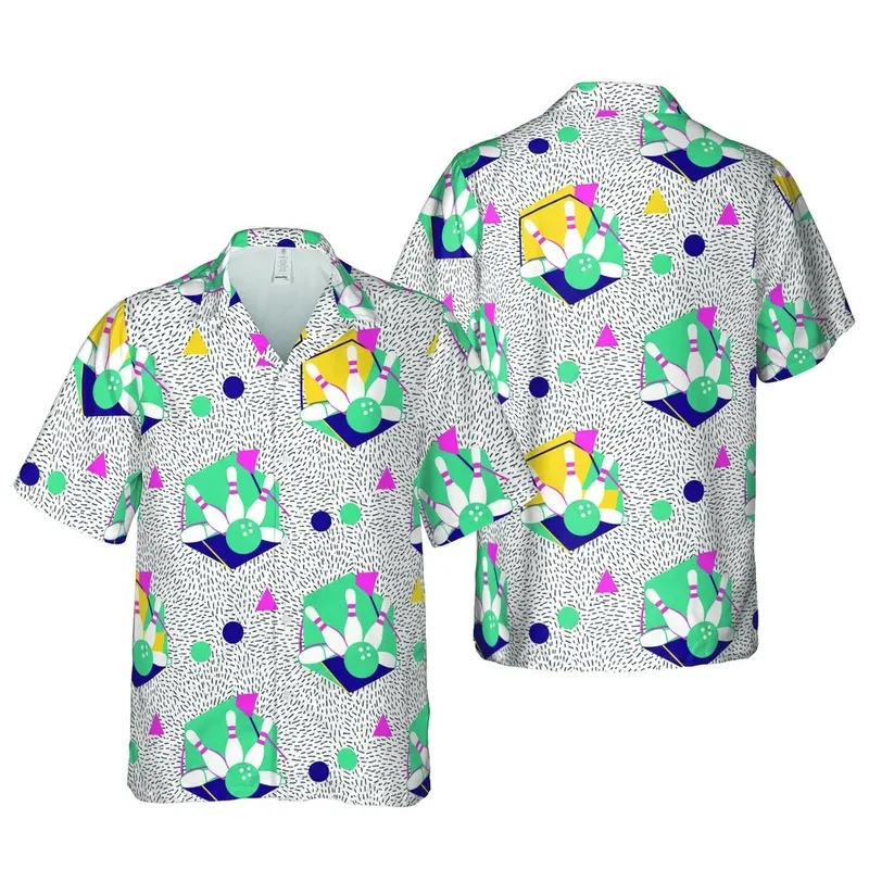 Bowler's Hawaiian Pins & Balls Hexagon Circle Triangle Dash Line Motif Short-sleeve Hawaiian Shirt - 1