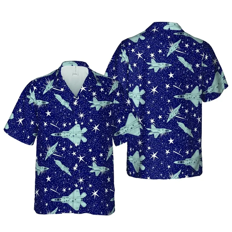 F-22 Raptor F-35 Lightning Jet Hawaiian Pattern: Dynamic Flight Intricate Starry Night Short-sleeve Hawaiian Shirt - 1