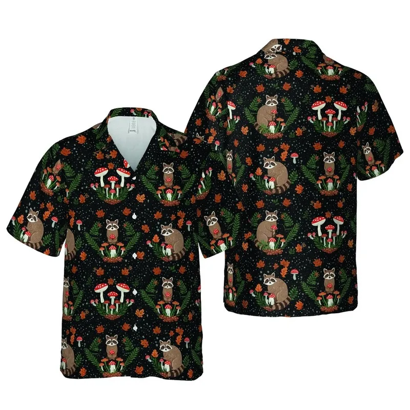 Raccoons Mushroom Forest Night Tropical Pattern with Autumn Leaves & Light Specks Short-sleeve Hawaiian Shirt - 1