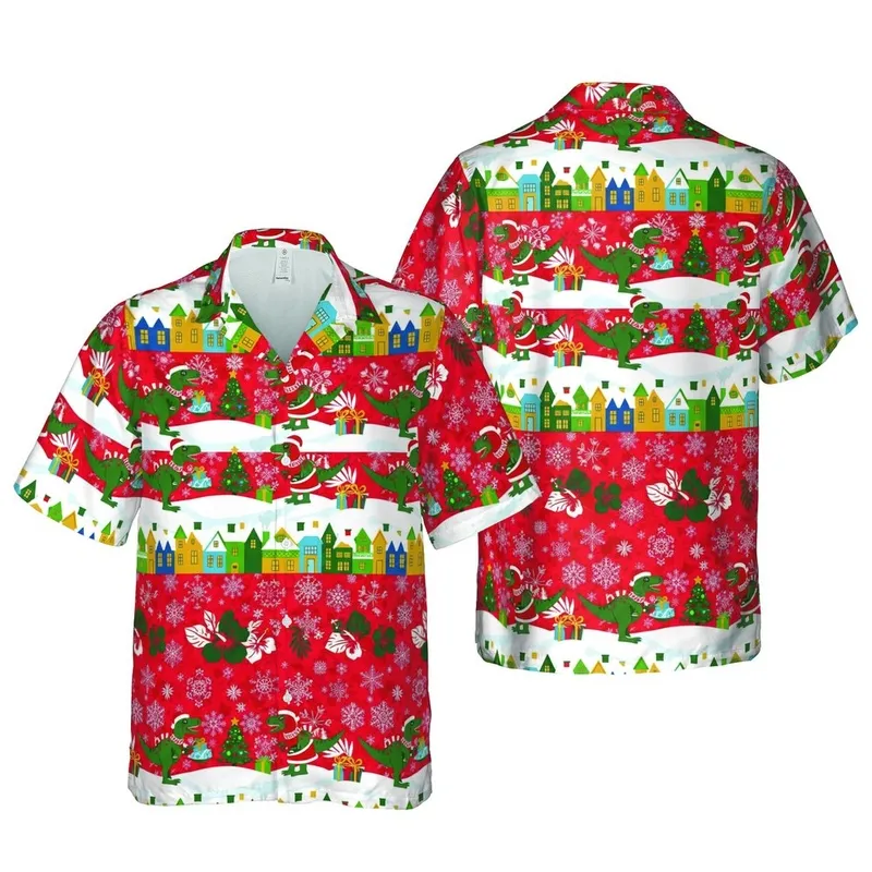 Christmas T-Rex Raptor Dinosaurs Hawaiian Snow Village Red Snowflake Design Short-sleeve Hawaiian Shirt - 1