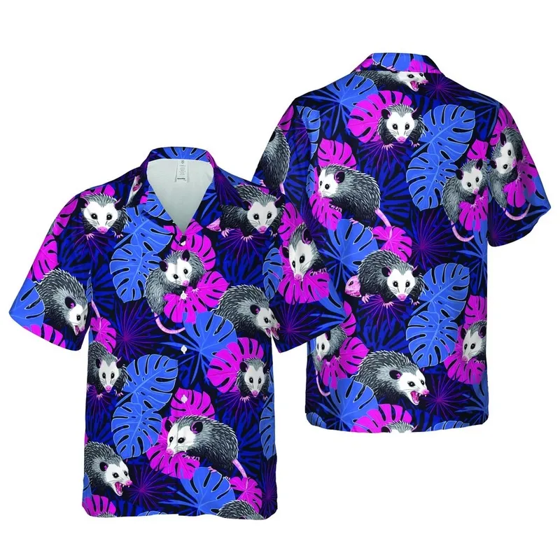 Opossum Hawaii Botanical Design: Snarling Opossums Split-Leaf Palm Vibrant Blue Fuchsia Short-sleeve Hawaiian Shirt - 1