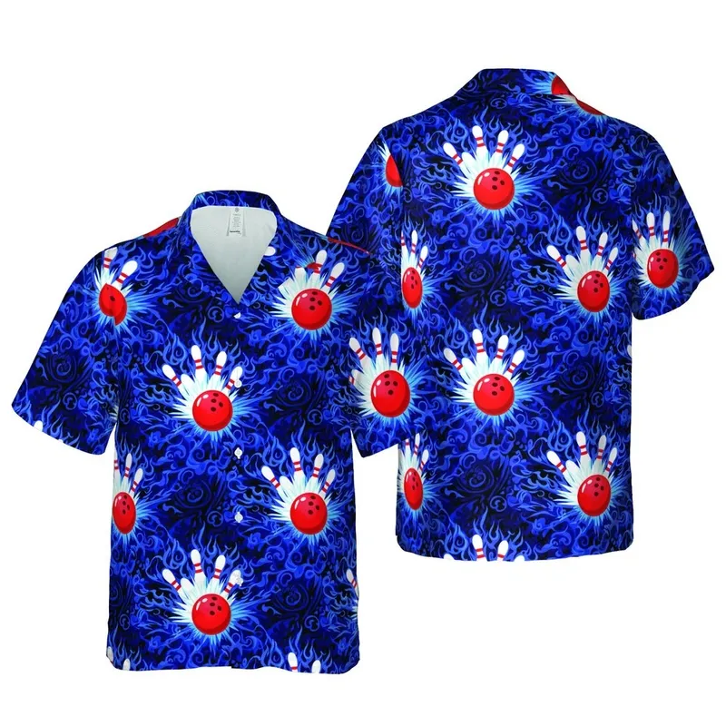 Bowling Enthusiast Seamless Hawaiian Pins Red Ball Electric Blue Flames Black Mosaic Short-sleeve Hawaiian Shirt - 1
