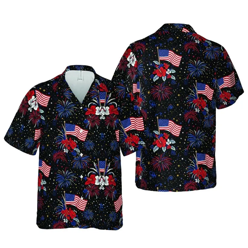 Waving American Flags, Fireworks, Night Sky Stars, Tropical Botanical Textile Print Short-sleeve Hawaiian Shirt - 1