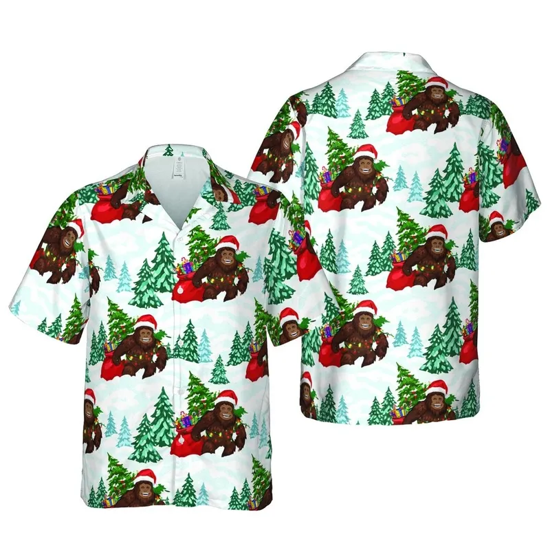 Bigfoot Sasquatch Santa Hat Presents Lights Snow Pine Hawaiian Seamless Short-sleeve Hawaiian Shirt - 1