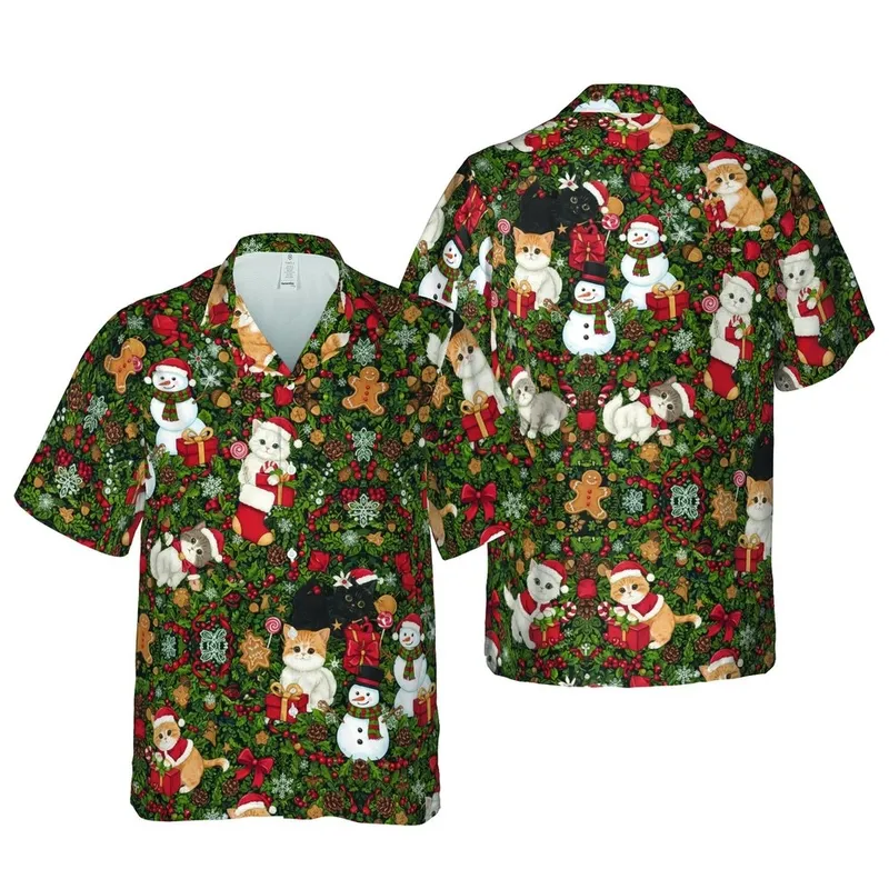 Kitten Santa Hat & Suit Tropical Christmas Pattern Snowmen Holly Gingerbread Design Short-sleeve Hawaiian Shirt - 1
