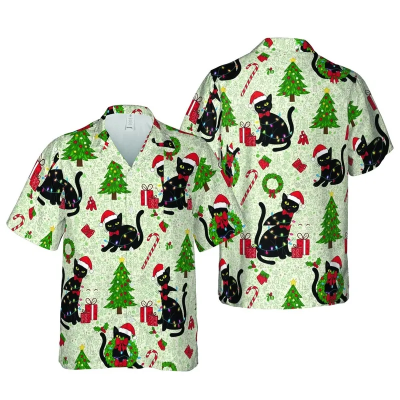 Black Cat Lover's Edge-to-Edge Hawaiian Christmas Lights Santa Hats Holly Print Short-sleeve Hawaiian Shirt - 1
