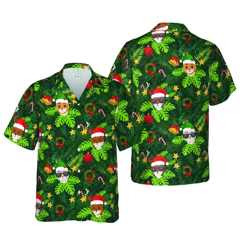 Christmas Cat Hawaiian Fabric Print: Feline Santa Hat Design, Ornaments & Pine Short-sleeve Hawaiian Shirt - 1