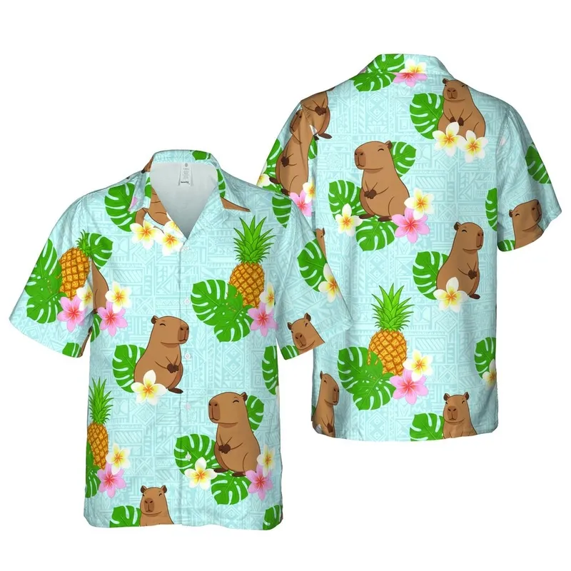 Capybara Pineapple Frangipani Hawaiian Pattern Intricate Polynesian Botanical Design Short-sleeve Hawaiian Shirt - 1