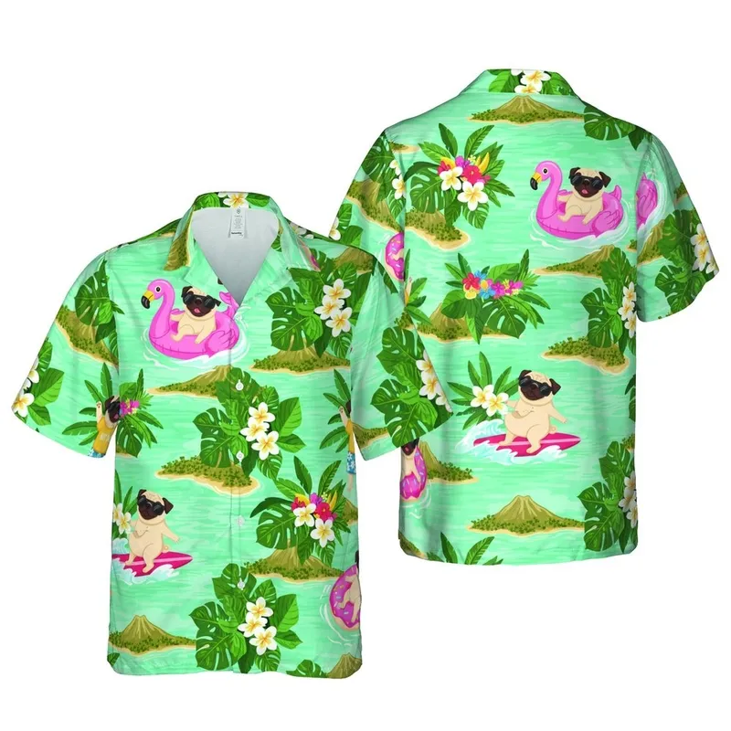 Pug Vacation Ocean Surf Design: Donut Flamingo Pugs, Palm Trees, Aquamarine Ocean Short-sleeve Hawaiian Shirt - 1