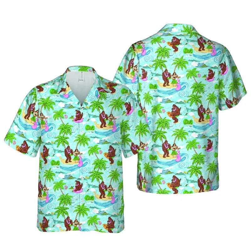 Sasquatch Surfing Hula Island Ocean Pattern | Bigfoot Hawaiian Flamingo Fabric Art Short-sleeve Hawaiian Shirt - 1