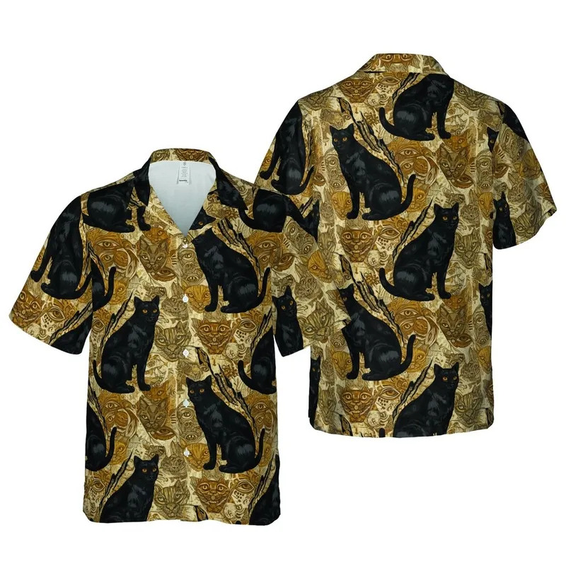 Black Cat Tropical Hawaiian Botanical Ripped Claw Mark Golden Eye Mosaic Short-sleeve Hawaiian Shirt - 1
