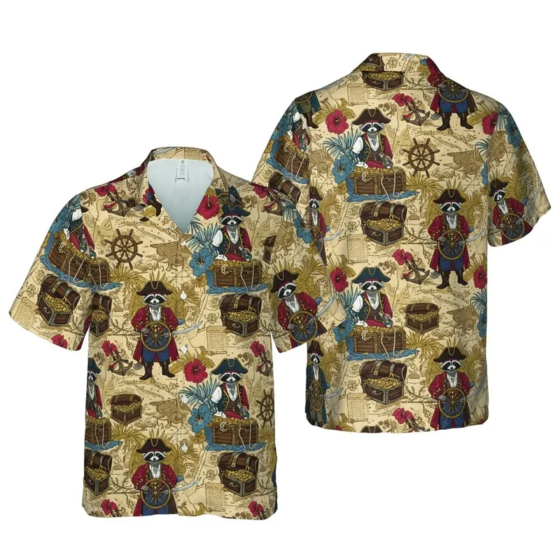 Raccoon Pirates, Galleons, Treasure Chests, Antique Parchment Map Hawaiian Textile Print Short-sleeve Hawaiian Shirt - 1