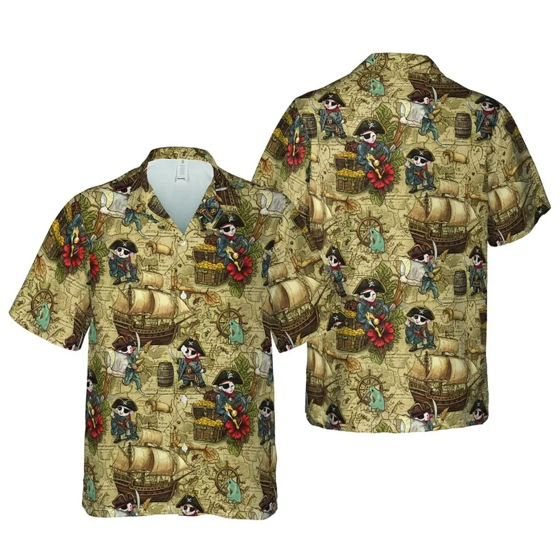 Sugar Glider Pirate Crew Galleons Cutlasses Gold Coins Sepia Treasure Map Pattern Short-sleeve Hawaiian Shirt - 1