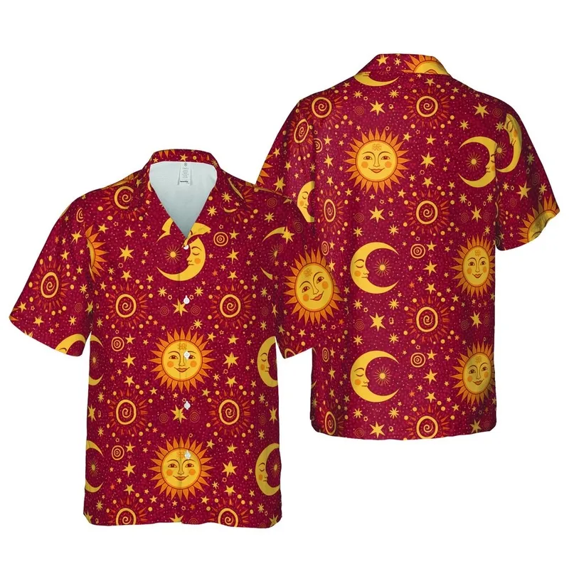 Golden Smiling Sun Wavy Rays Sleeping Moon Red Intricate Botanical Tile Pattern Short-sleeve Hawaiian Shirt - 1