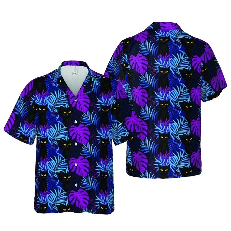 Black Cat Lover Hawaiian Golden Eye Cats Cyan Magenta Monstera Deep Black Pattern Short-sleeve Hawaiian Shirt - 1