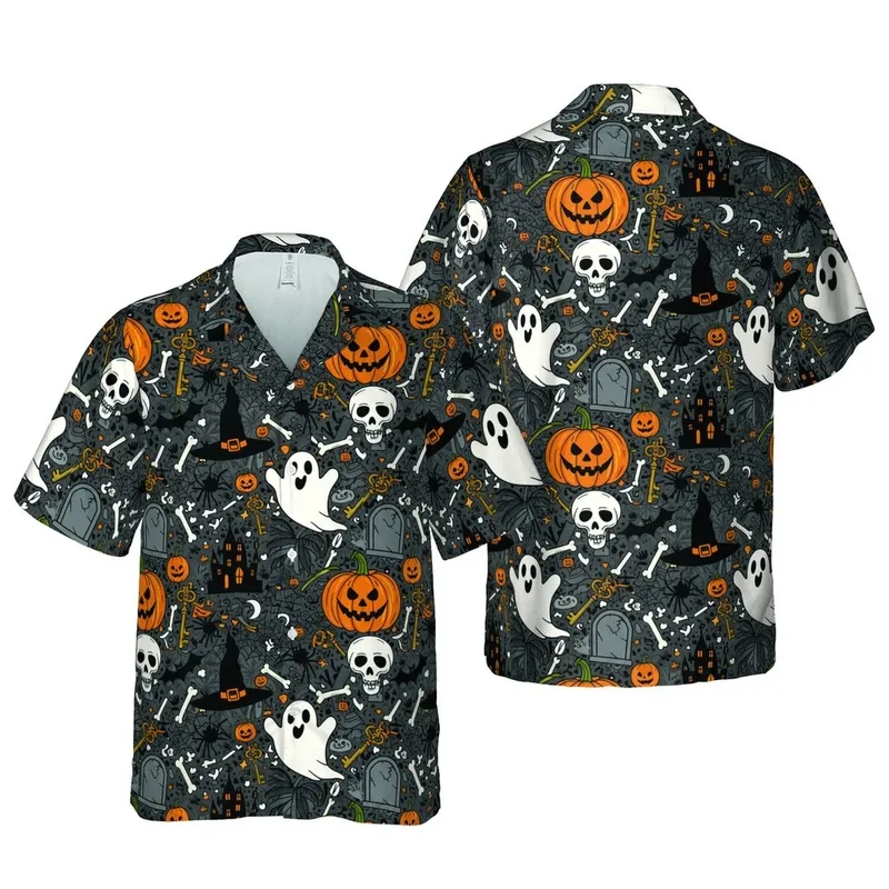 Hawaiian Halloween Jack-O'-Lantern Ghost Skull Witch Hat Bat Moon Gravestone Pattern Short-sleeve Hawaiian Shirt - 1