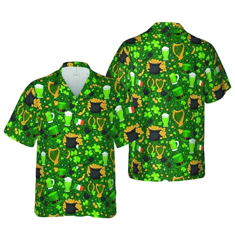 St Patrick's Day Leprechaun Gold Pot Green Beer Shamrock Harp Flag Emerald Starburst Short-sleeve Hawaiian Shirt - 1